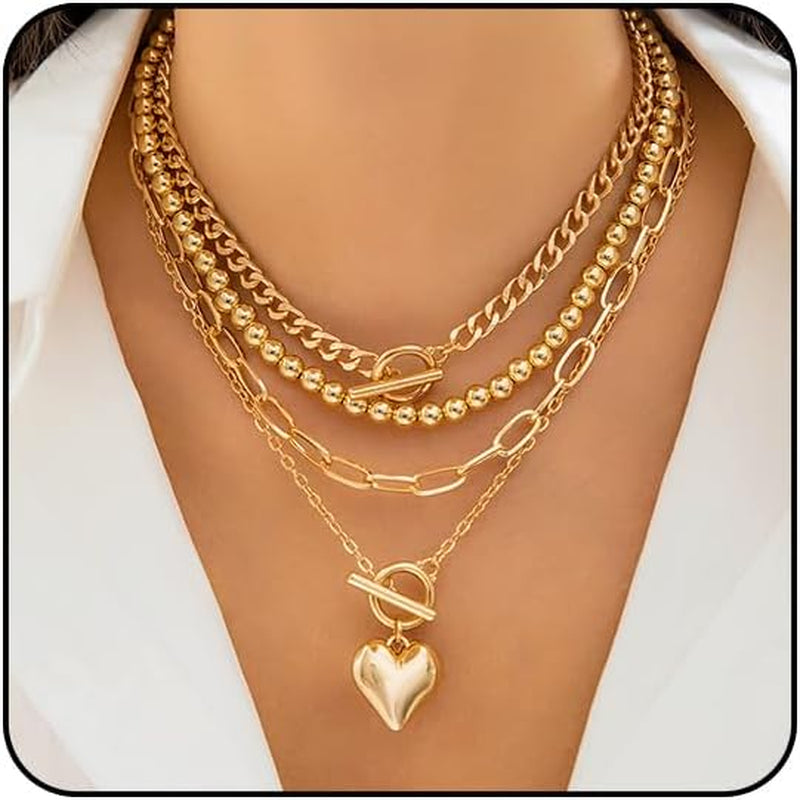 Layered Gold Necklace for Women Non Tarnish Chunky Gold Necklace Stack for Women Paperclip Chain Necklace for Women Retro Coin Medallion Heart Pendant Necklace Gold Jewelry Set