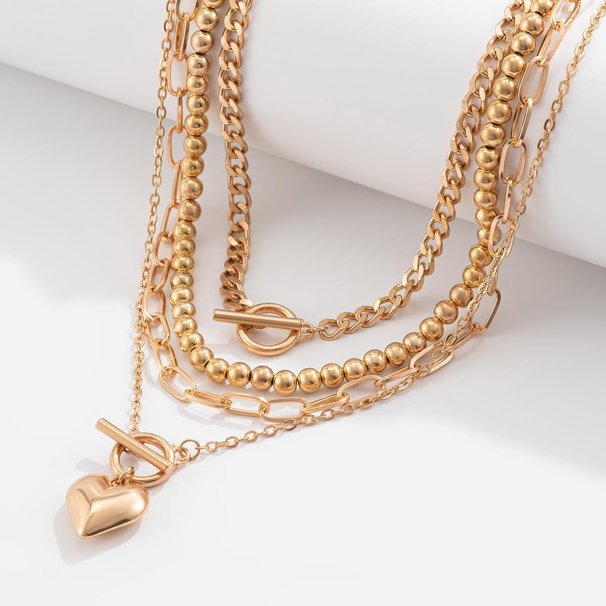 Layered Gold Necklace for Women Non Tarnish Chunky Gold Necklace Stack for Women Paperclip Chain Necklace for Women Retro Coin Medallion Heart Pendant Necklace Gold Jewelry Set