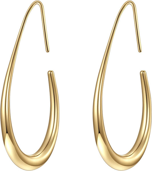 Lightweight Teardrop Hoop Earrings for Women - 14K Gold/White Gold Plated Large Oval Pull through Hoop Earrings High Polished Statement Jewelry Gift for Women