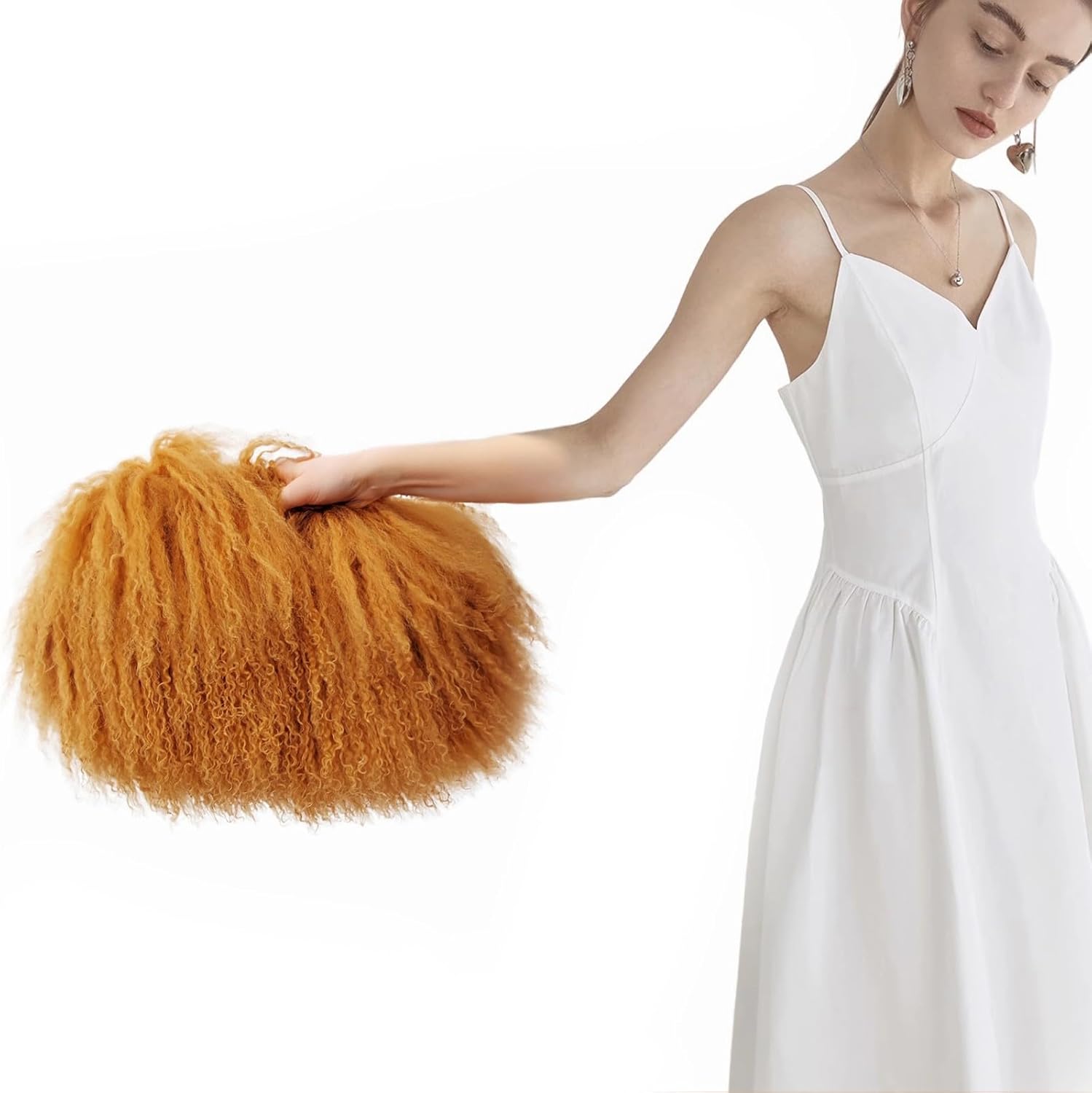 Women Luxury Real Lamb/Mongolian Flush Wool Fur with Genuine Leather Handles Handbag