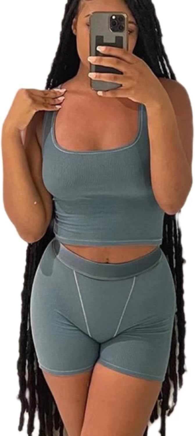 Casual Workout Sets Two Piece Outfits for Women Ribbed Crop Tank Top High Waist Leggings Active Wear