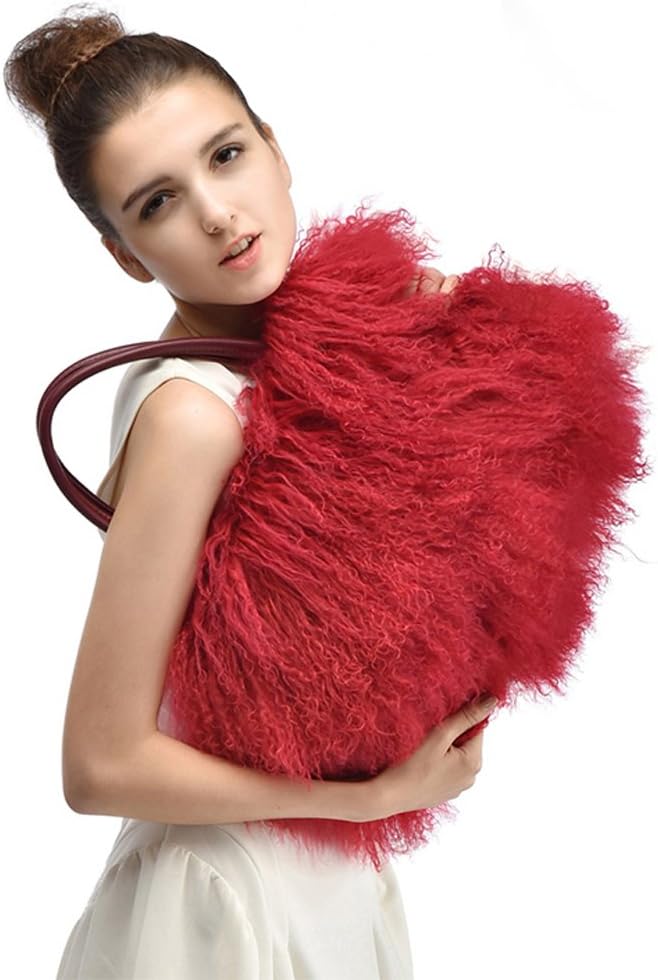 Women Luxury Real Lamb/Mongolian Flush Wool Fur with Genuine Leather Handles Handbag