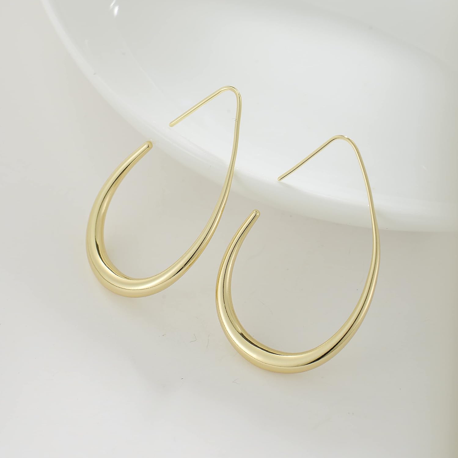 Lightweight Teardrop Hoop Earrings for Women - 14K Gold/White Gold Plated Large Oval Pull through Hoop Earrings High Polished Statement Jewelry Gift for Women