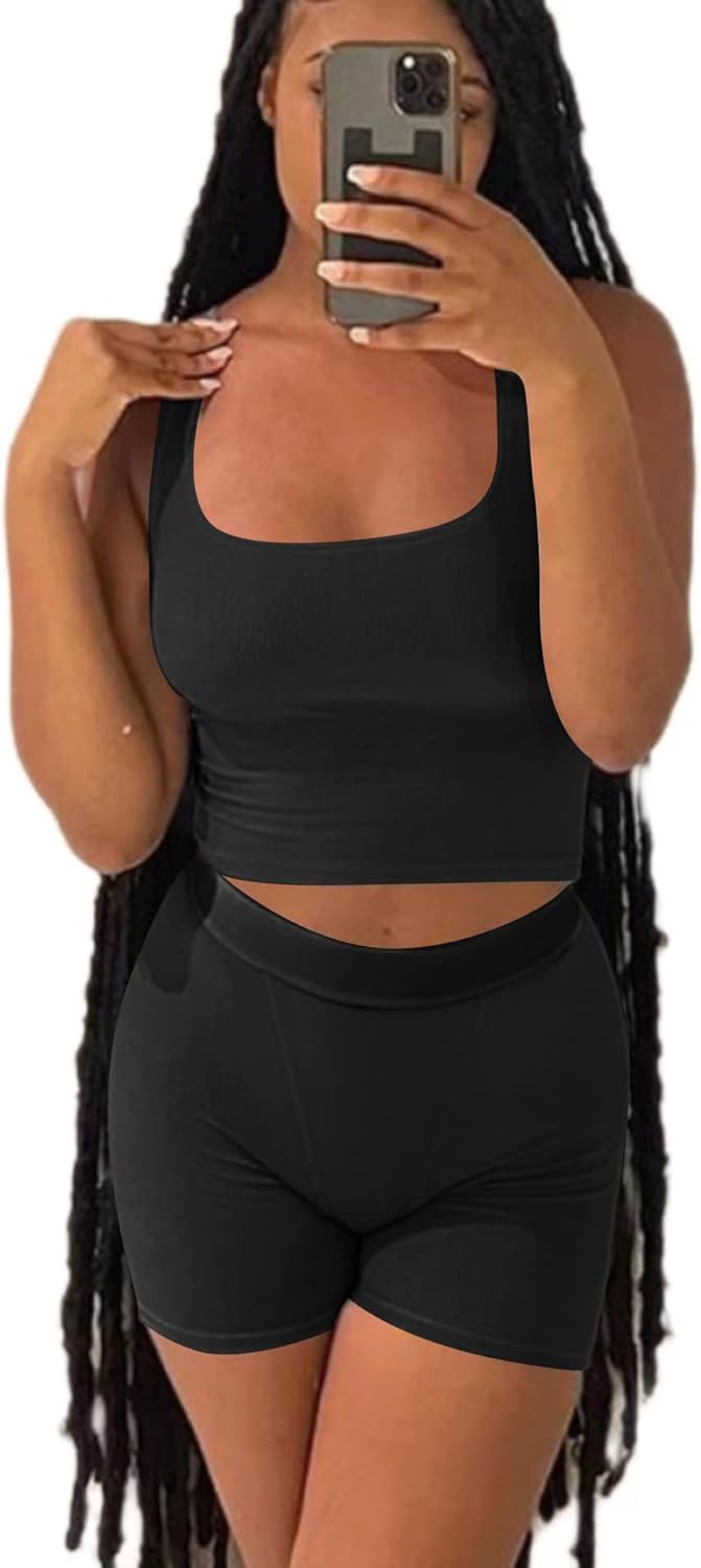 Casual Workout Sets Two Piece Outfits for Women Ribbed Crop Tank Top High Waist Leggings Active Wear