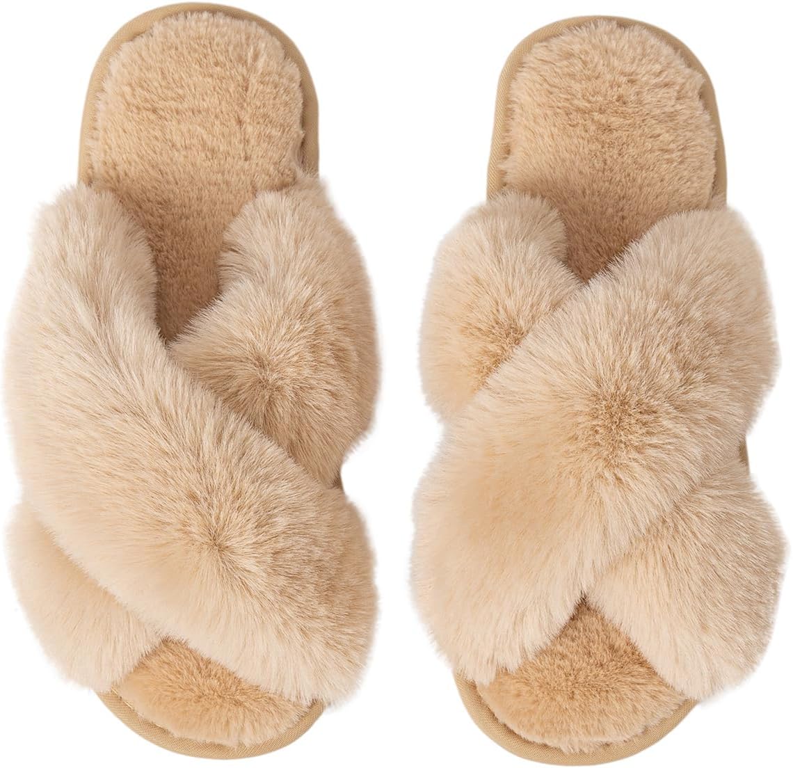 Women'S Cross Band Fuzzy Slippers Fluffy Open Toe House Slippers