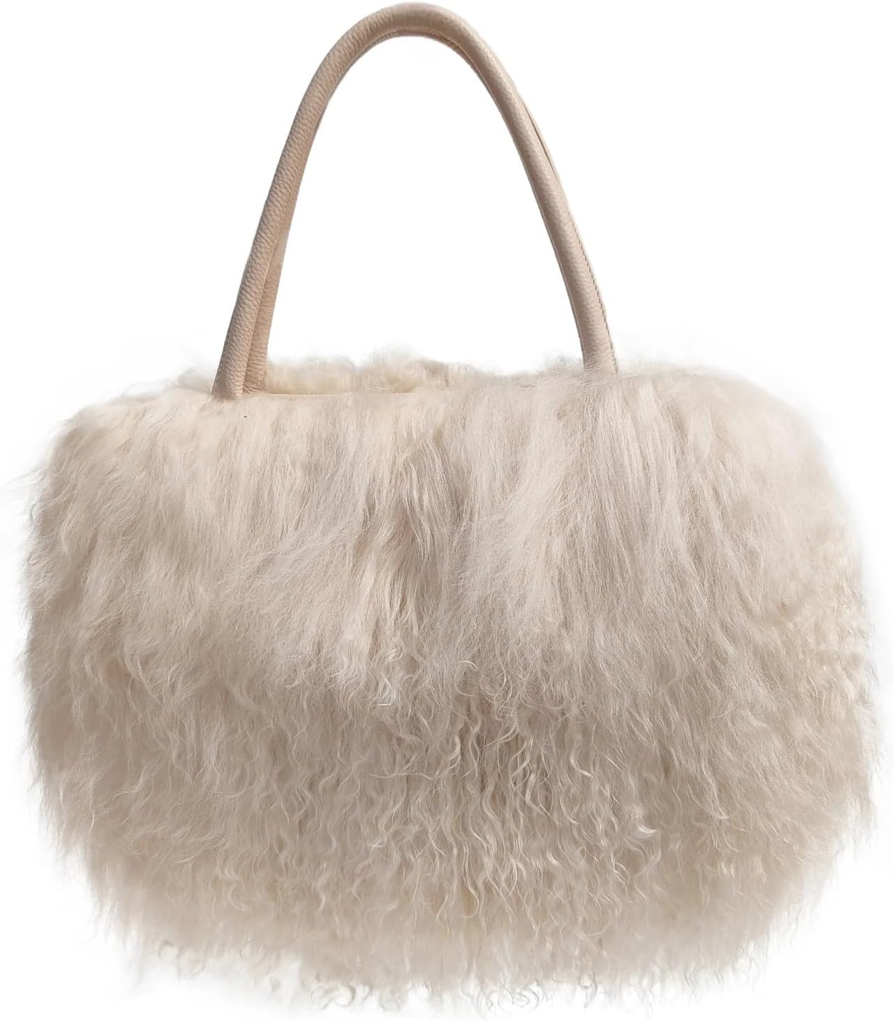 Women Luxury Real Lamb/Mongolian Flush Wool Fur with Genuine Leather Handles Handbag