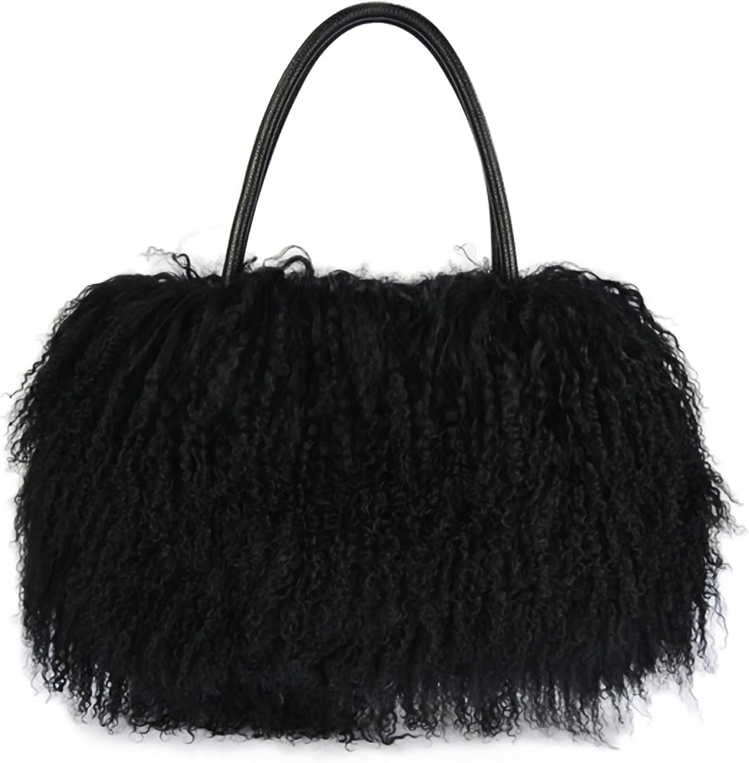 Women Luxury Real Lamb/Mongolian Flush Wool Fur with Genuine Leather Handles Handbag