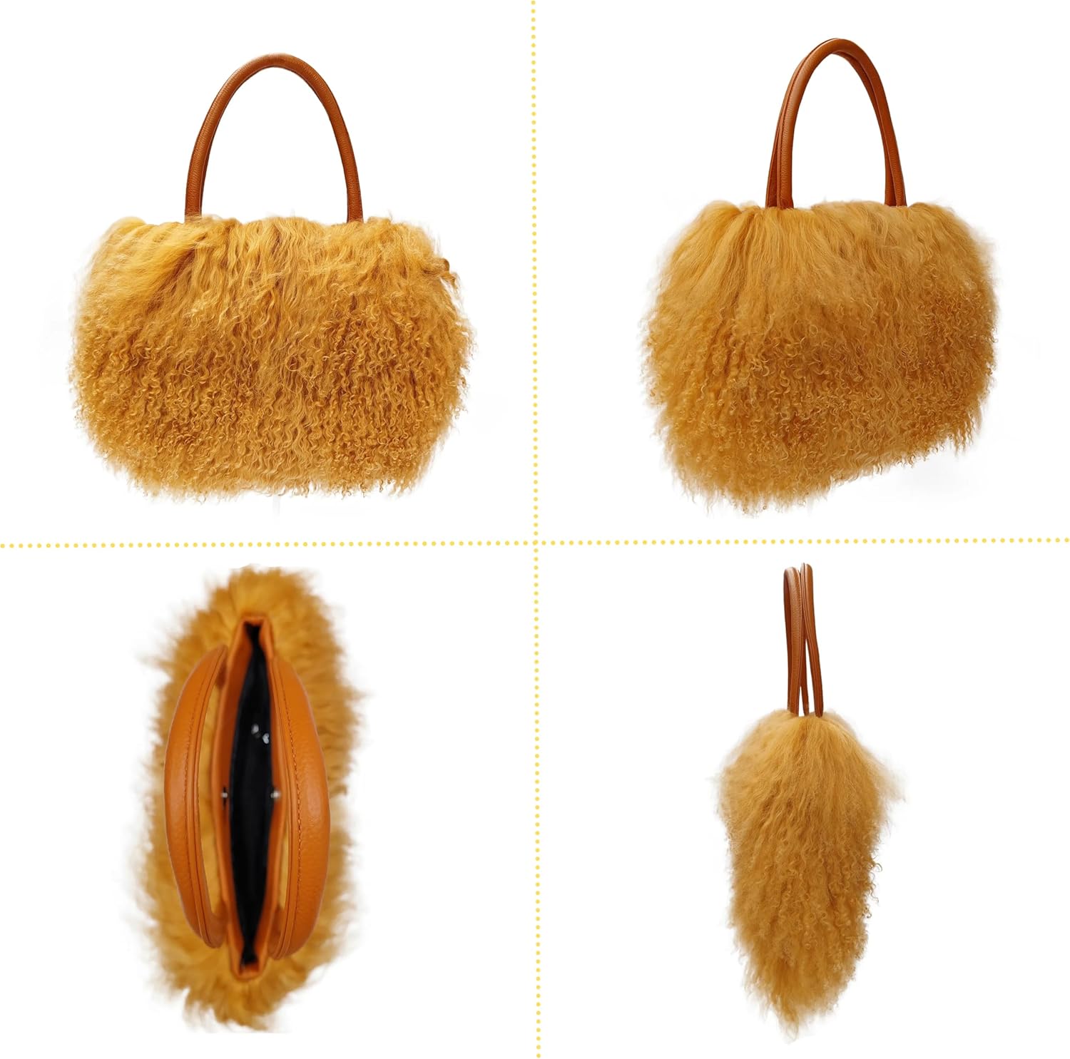 Women Luxury Real Lamb/Mongolian Flush Wool Fur with Genuine Leather Handles Handbag