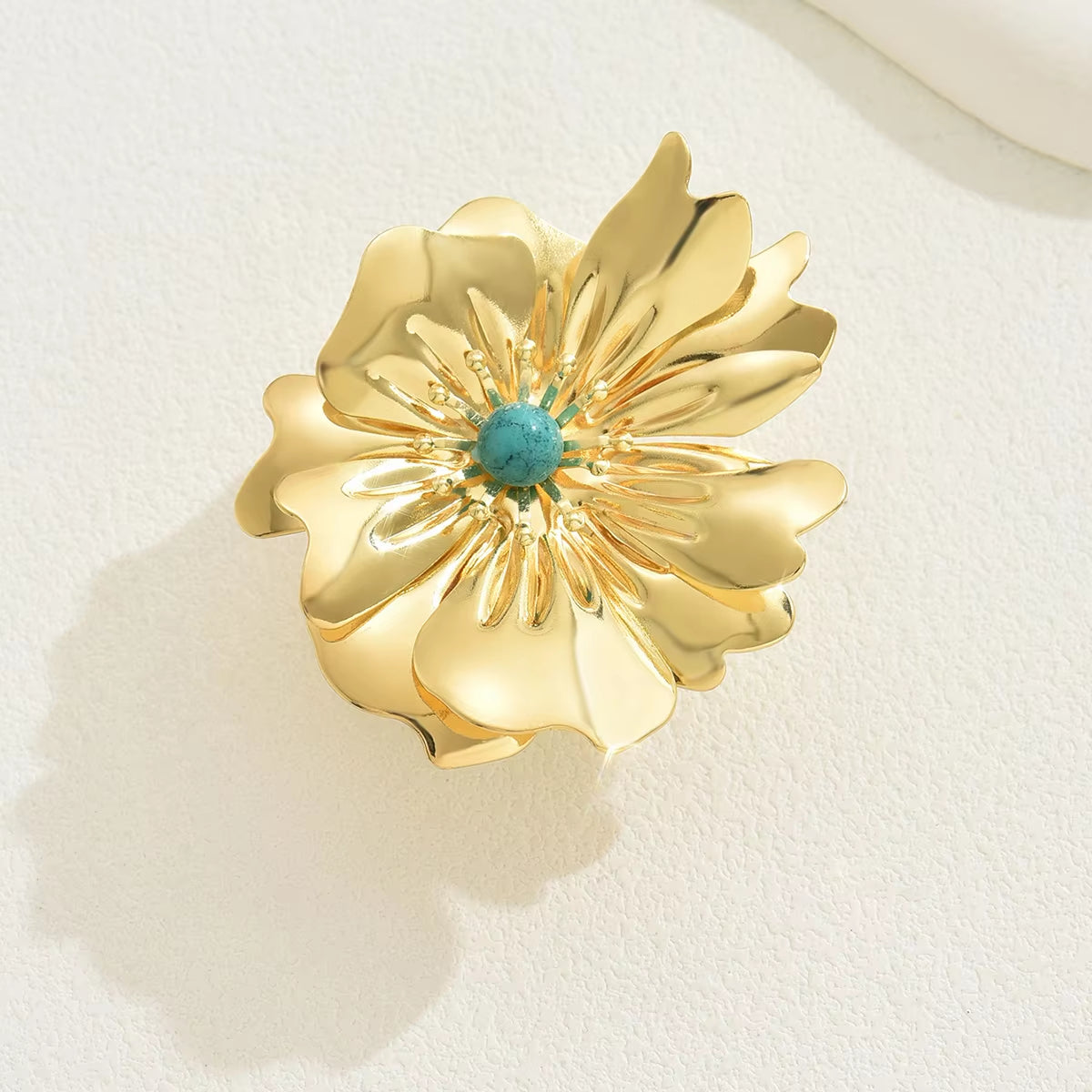 Big Metal Flower Turquoise Stone Open Ring for Women Gold Color Statement 3D Flower Design Blue Natural Stone Women Finger Ring