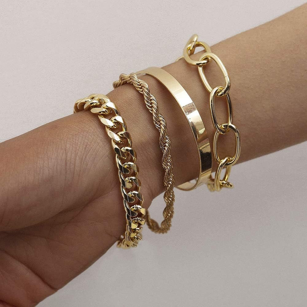 Dainty Boho Gold Silver Chain Bracelets Set for Women Adjustable Fashion Beaded Chunky Flat Cable Chain Punk Bracelets Jewelry for Women Gift Set of 4