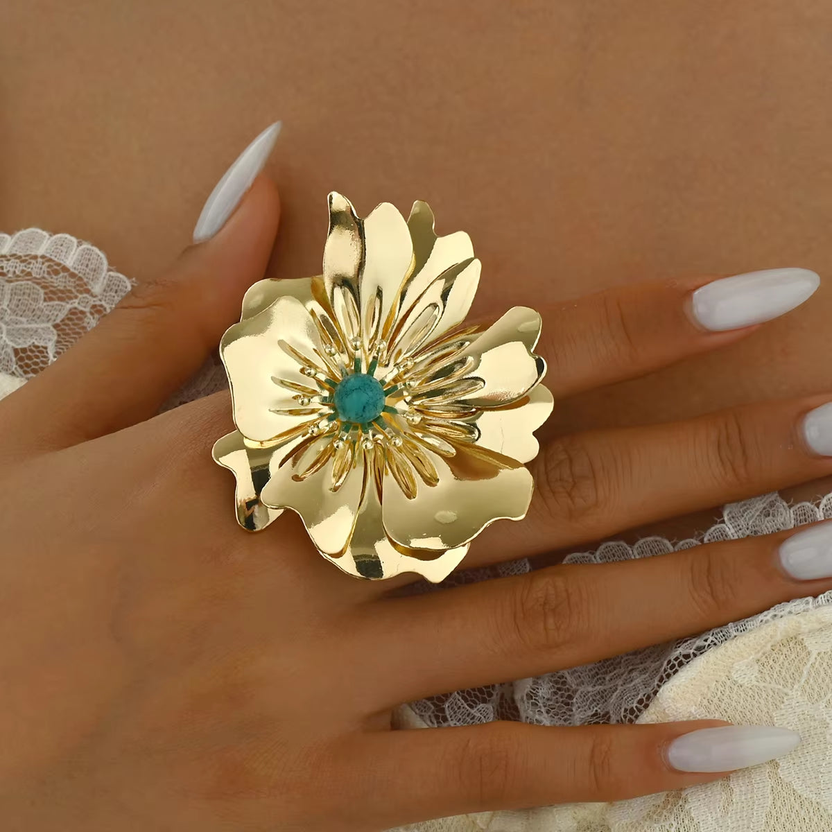 Big Metal Flower Turquoise Stone Open Ring for Women Gold Color Statement 3D Flower Design Blue Natural Stone Women Finger Ring