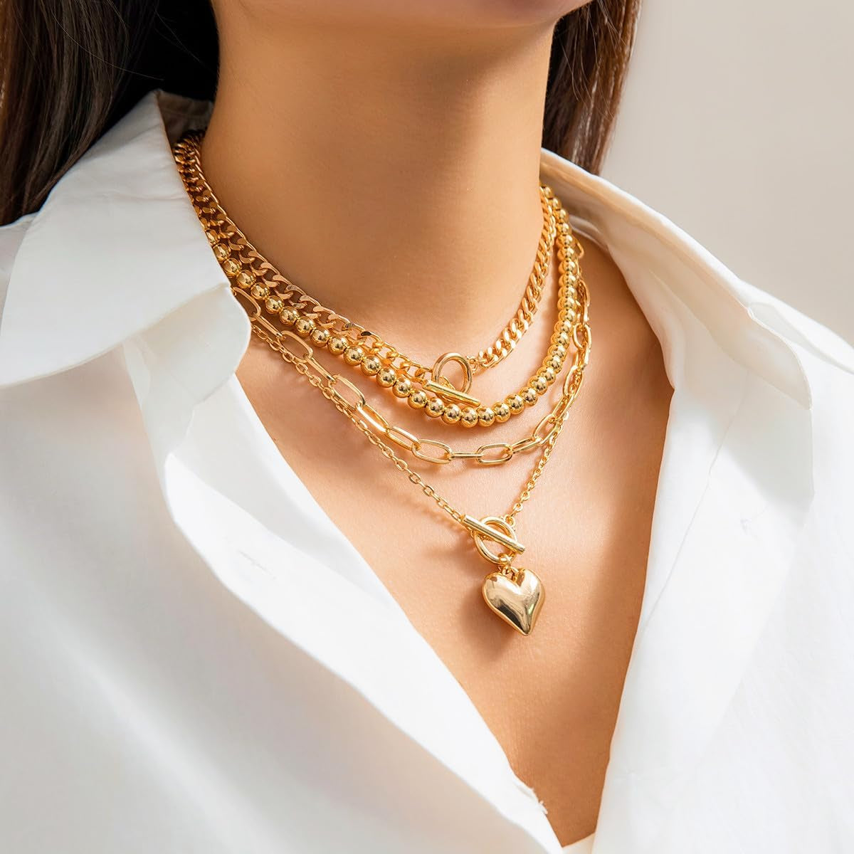 Layered Gold Necklace for Women Non Tarnish Chunky Gold Necklace Stack for Women Paperclip Chain Necklace for Women Retro Coin Medallion Heart Pendant Necklace Gold Jewelry Set