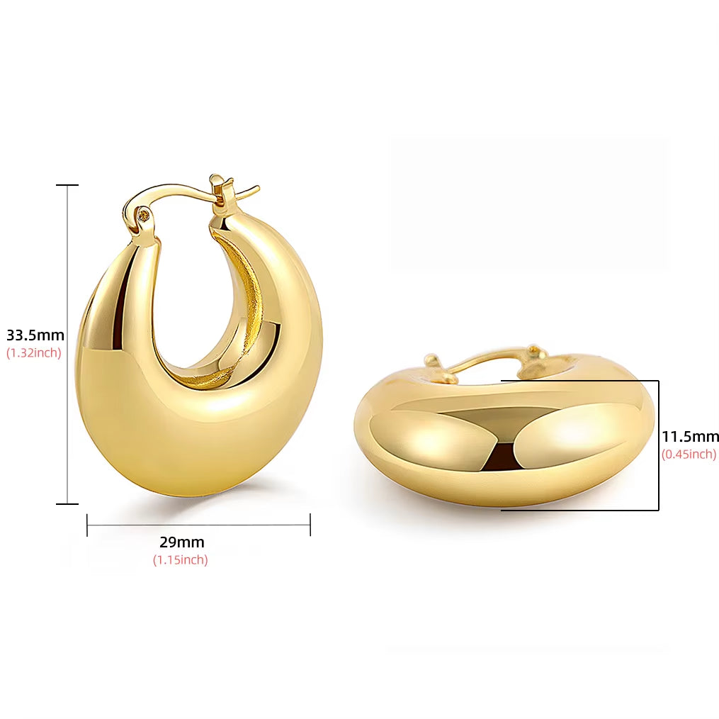 2023 New 18K Gold Plated Smooth Metal Chunky Hoop Earrings Retro Thick Huggie Earring for Women round Circle Statement Jewelry